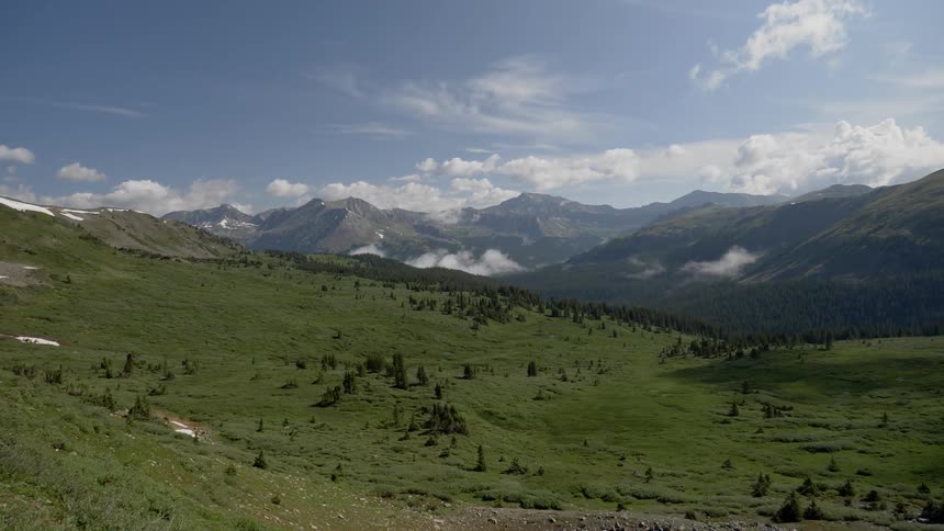 A field growing on a gentle slope thats dotted with trees as mountains jut into the sky in the distance