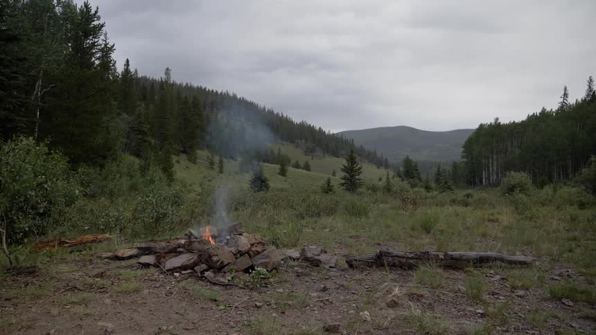 A small fire burning in a clearing in an evergreen forest