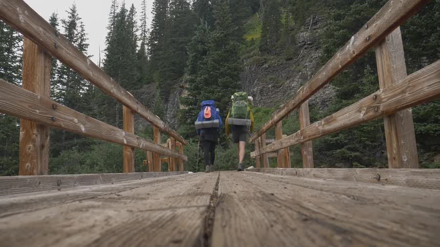 Two hikers wearing packs on their backs walk on a wooden bridge