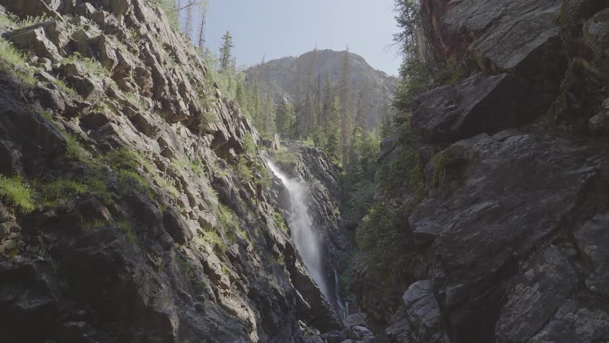 A scenery of a waterfall in a rocky landscape