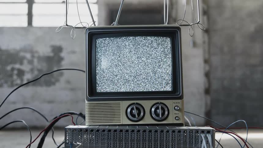 Vintage television in warehouse shows static on screen and shutting down