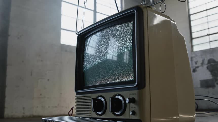 A vintage television set has a scrambled screen