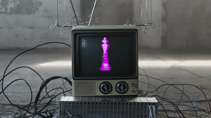 Strange images flash upon the screen of an old television surrounded by wires in an empty concrete room