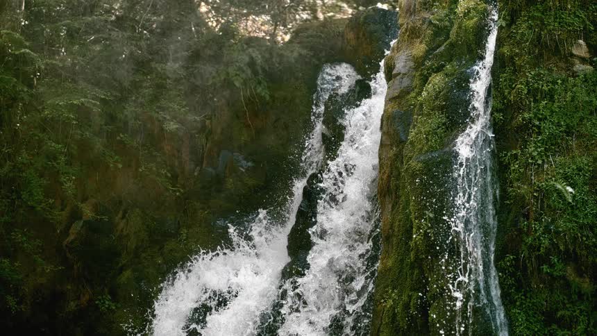 Water rushes down a cliff covered with lush green plants and vegetation