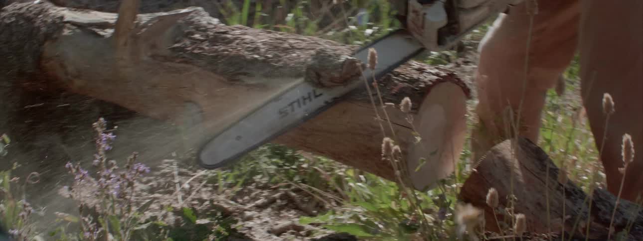Man using a chainsaw to cut logs in forest