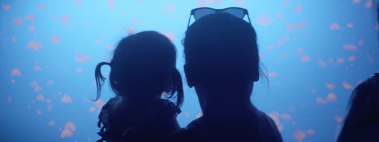 A mother holds her daughter as they look at an aquarium
