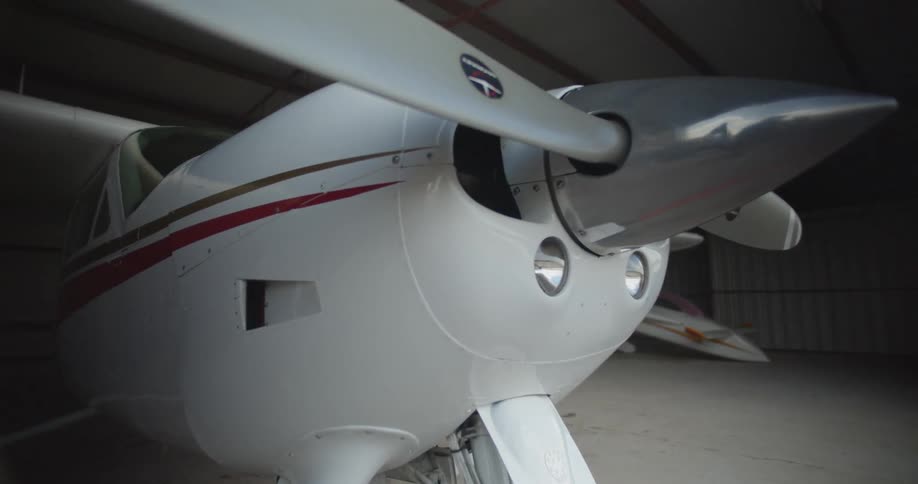 An airplane is displayed indoors