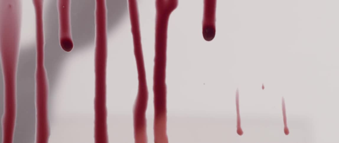 A pale red substance running down the camera as a strange humanoid shadow moves along a wall