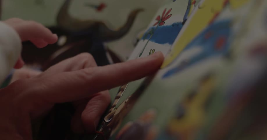 Hand points to a picture in a children's book