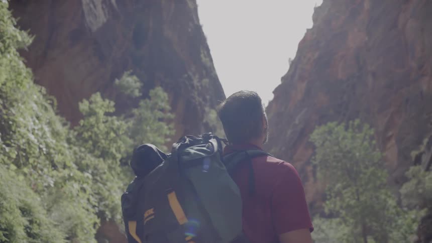 A man stands at the bottom of a canyon staring up at the mountains