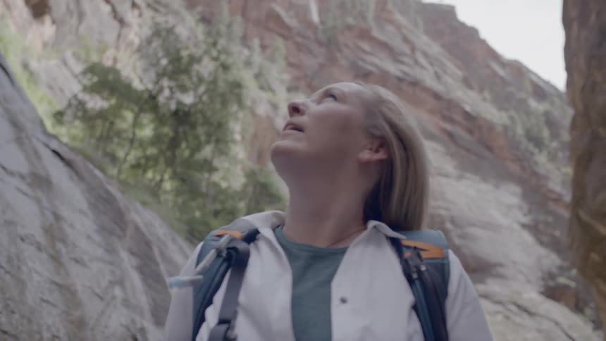 A woman stands at the bottom of a canyon and stares up