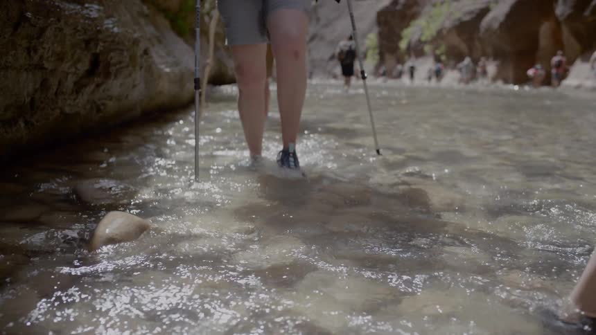 People walk through the water