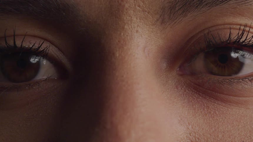 A pair of brown eyes blink