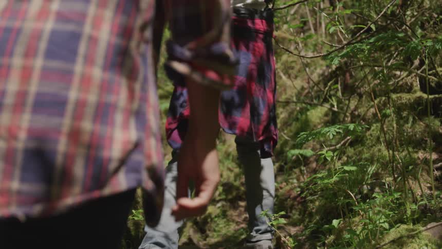 Two people hiking through the woods
