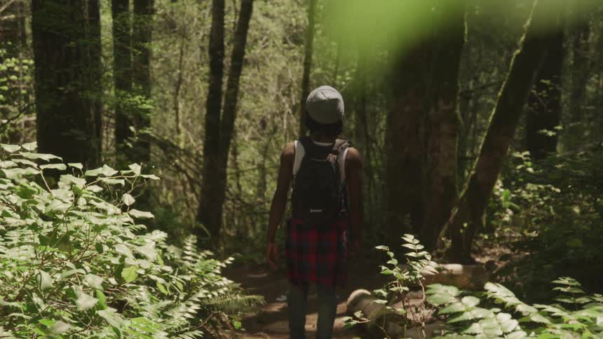 A person traveling down a dirt path through a forest