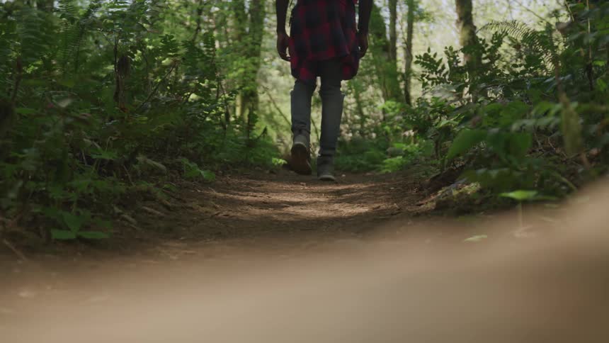 A woman walking alone in a forest