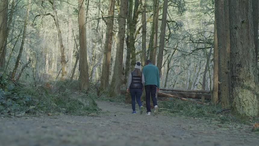 A man and woman hold hands as they walk down a dirt trail in a forest