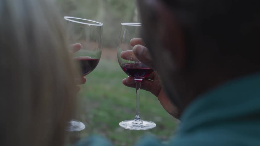 A man andwoman touch wine glasses together
