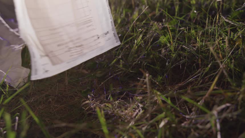 A gloved hand reaches down and picks up a handgun to place in a clear plastic bag for evidence from a crime scene