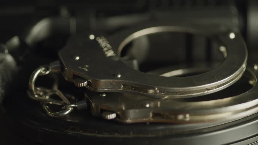 Close up of metal handcuffs on a rotating display stand