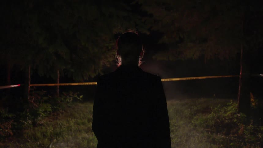 A man walk towards police car at night