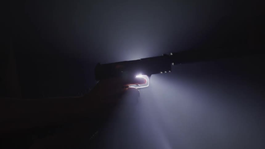 A silhouette of a handgun is seen against a bright light as the gun is being fired
