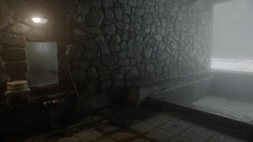 An old world natural stone and tile bathroom with a shallow wide tub mirror and shower head