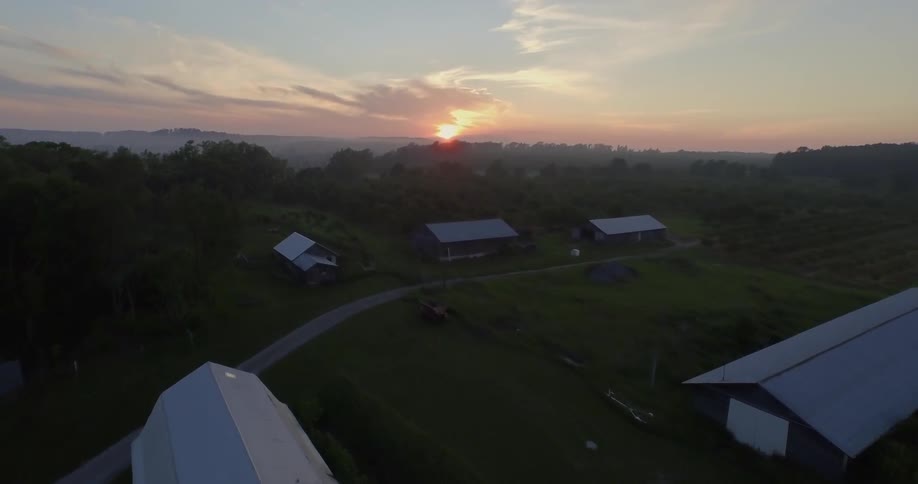 Barns and outbuildings at a farm surrounded by land and trees
