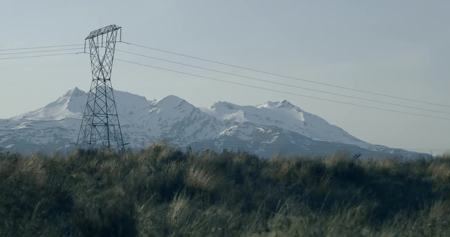 Wind blows grass at the base of a power line tower with a snow capped mountain behind