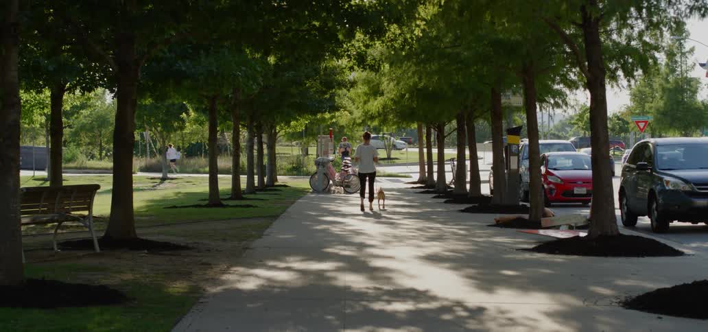 Woman walks her dog on a path near a park