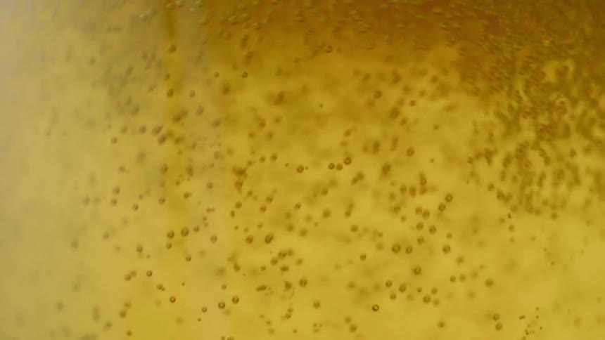 Bubbles swirling in a glass of amber liquid