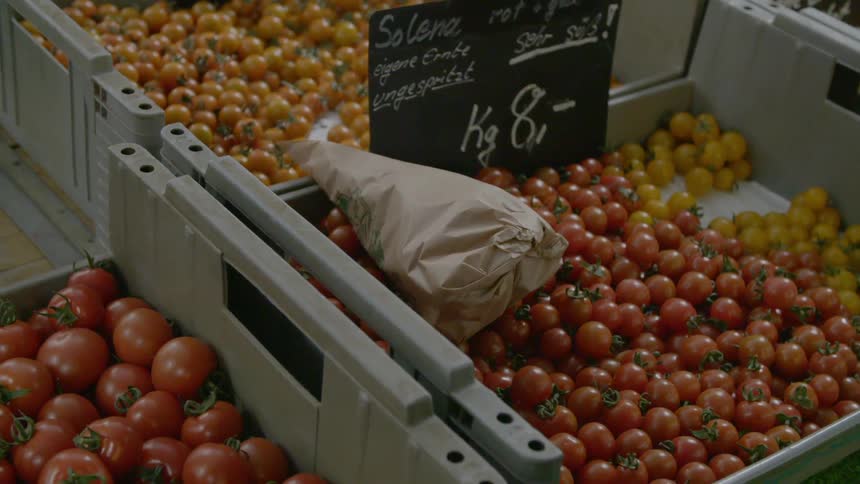 Close up of a sack in a pile of tomatoes