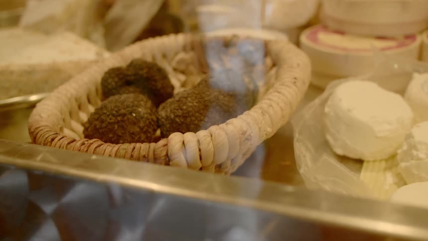 Food behind a glass display case
