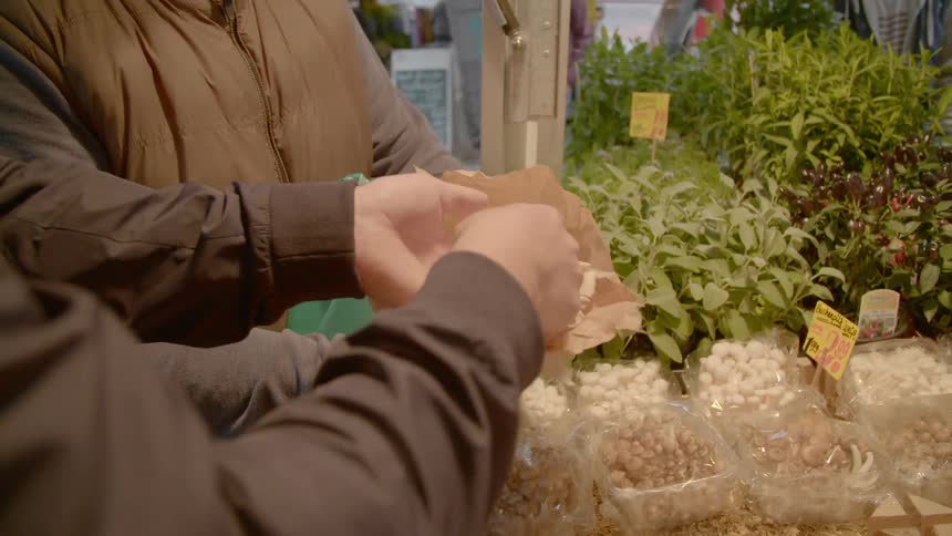 A man packages up some mushrooms for a customer