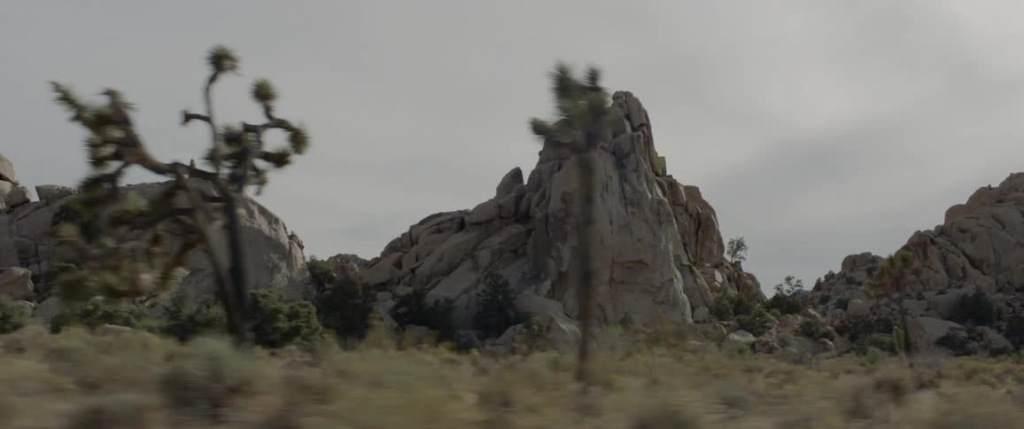Passing rock formations behind joshua trees and brush