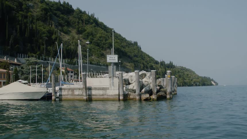 A dock with a number of boats is located at the edge of a shoreline that meets with a forested hillside