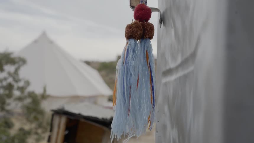 A tassel blowing in the wind with the sky in the background
