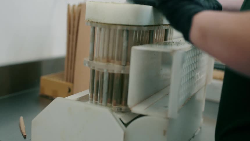 A worker wearing black latex gloves taps on a sorting extraction machine
