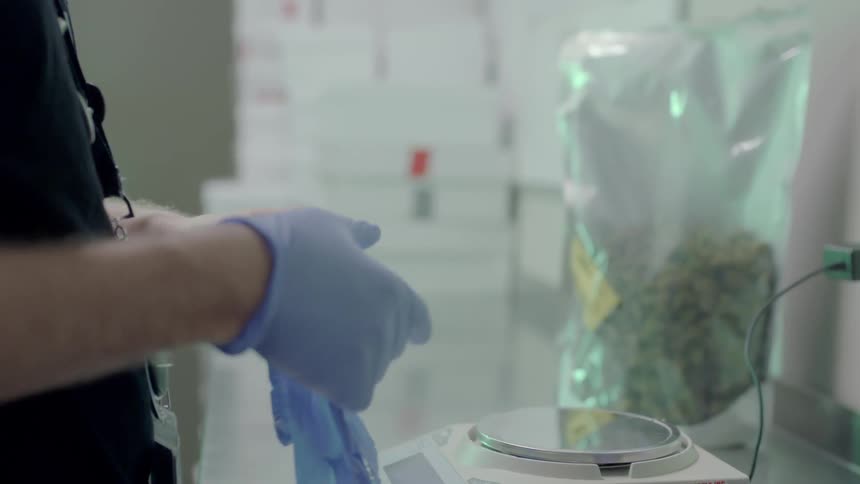 Medical professional puts on gloves near plugged in scale