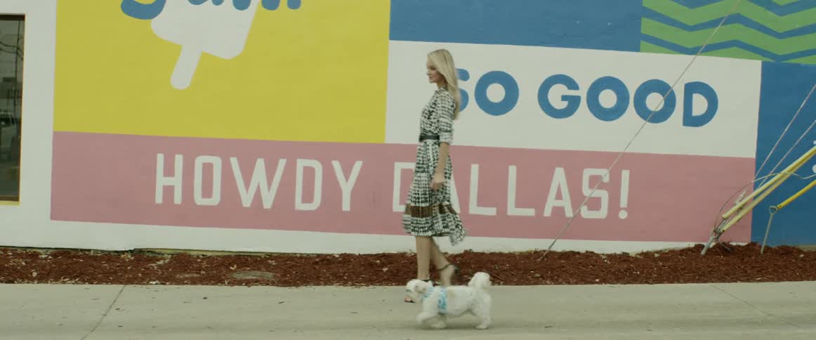 An attractive blonde haired woman walks a dog in front of a large advertisement