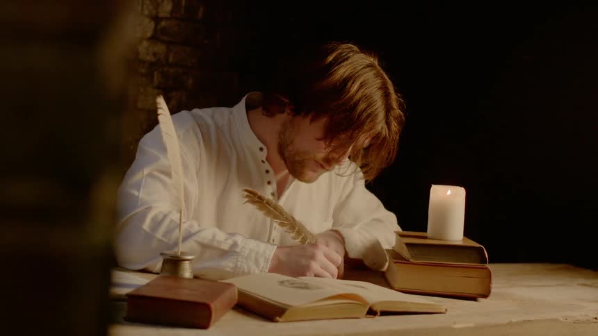 A man is writing with a feathered pen