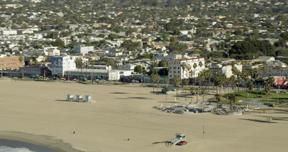 Aerial tracking shot of Venice Beach