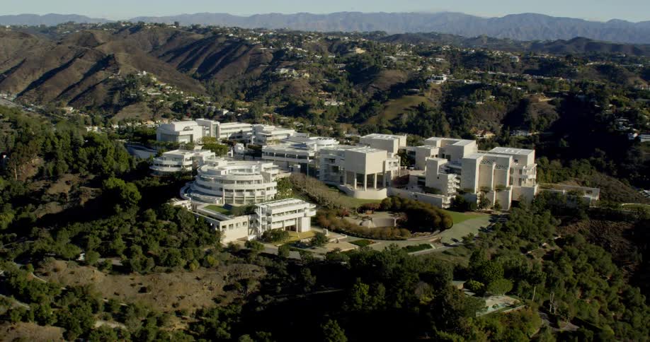 Aerial establishing shot of the Getty Museum in Los Angeles
