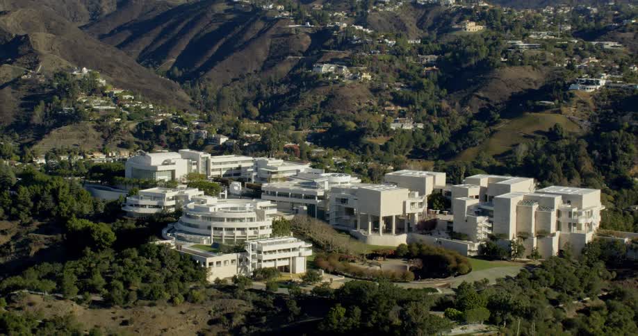 Aerial zoom establishing shot of The Getty museum in Los Angeles