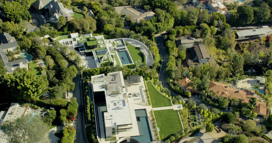 Birds Eye view of massive mansions in Beverly Hills
