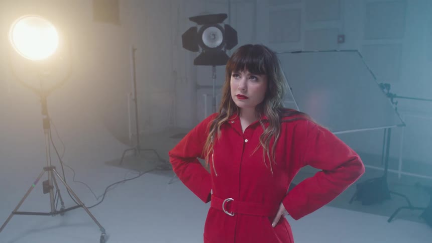 A woman with red blouse