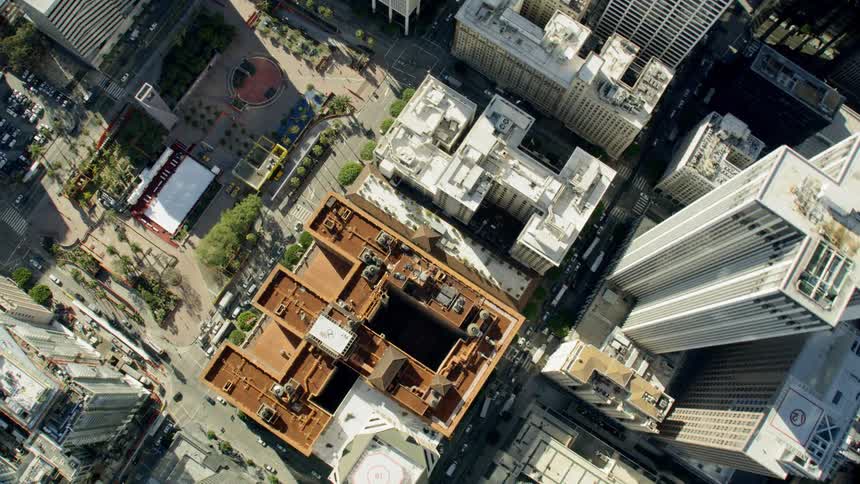 Birds eye view of a downtown area in a city