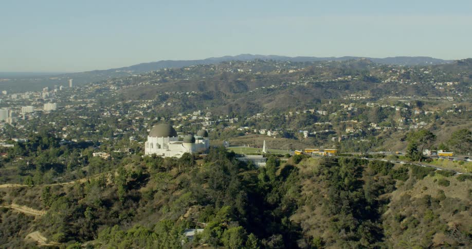 Aerial zoom establishing shot of the Griffith Observatory