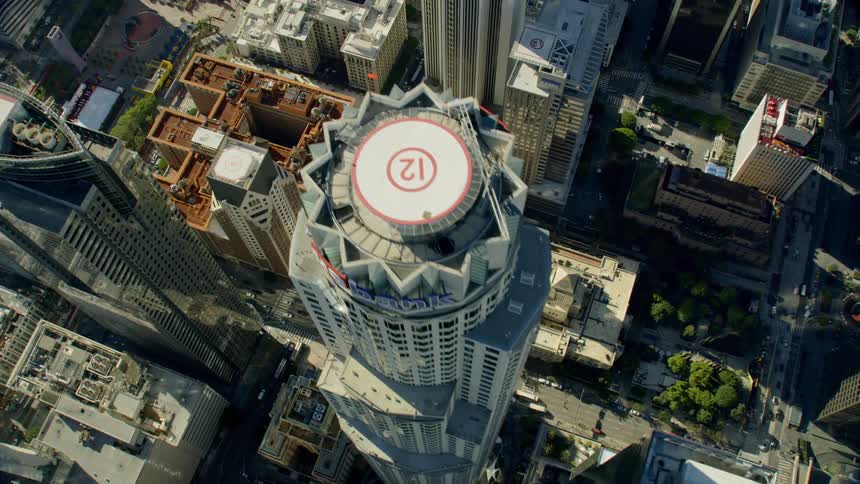 Top Down Aerial Birds Eye View of iconic Los Angeles skyscrapers