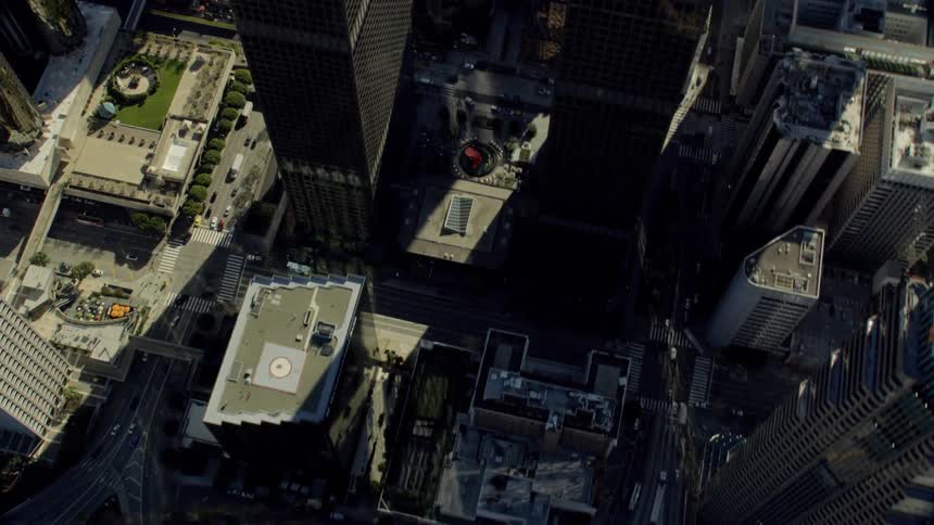 Aerial birds eye view of a downtown city center